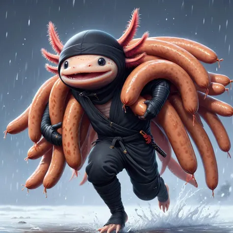 <lora:4xoltl:0.7> 4xolotl, axtolotl  in ninja outfit, running away with giant mischievous grin, giant sausages over shoulders, Zip2D