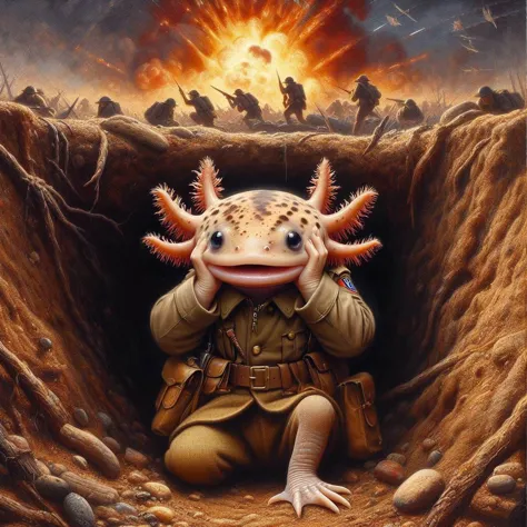 a painting of a geckole in a trench with a man in the background