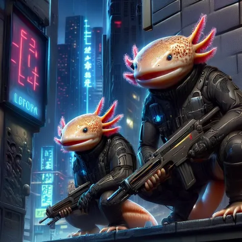 4 xólotl, 4 xólotl, axtolotls wearing wearing cyberpunk suits, armado con rifles láser,  esperando en lo alto de un edificio,   ciudad futurista en la noche, Luces de neón, iluminación dramática oscura y atmosférica,  portada de videojuego, ZIP2D