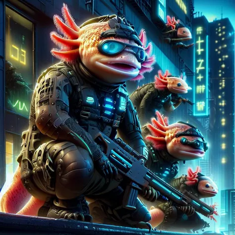 4 xolotls, 4 xolotls, équipement futuriste de l&#39;équipe swat d&#39;axtolotls, armé de fusils laser,  porter des lunettes cyberpunk,  attendre au sommet d&#39;un immeuble,   ville futuriste la nuit, néons, éclairage dramatique sombre et atmosphérique,  pochette de jeu vidéo, Zip2D