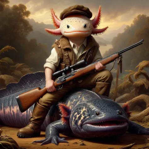 4 xolotes, axolotl  com roupa de caça, segurando um rifle de caça, posando sobre uma salamandra gigante, ZIP2D