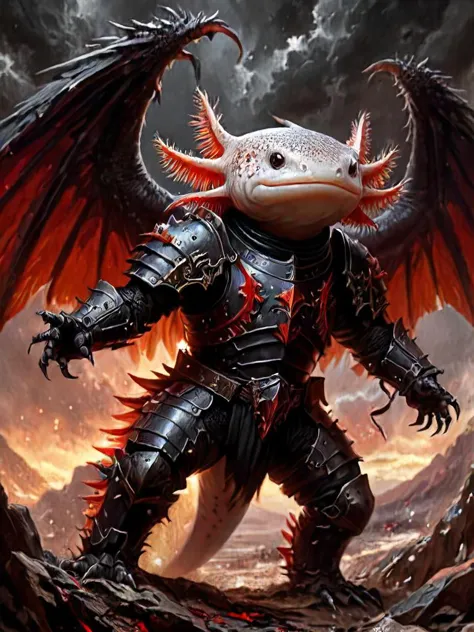 masterpiece, <lora:Axomodel XL:0.6> 4xolotl, axolotl dragon, dragon wings, dark fantasy, dark armor, oil painting, epic, RBW-XL