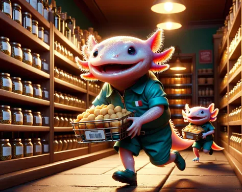 estilo pixar de renderização, caricatura, 4 xolotes, uma grande gangue de pequenos axolotls roubando comida de uma estante da despensa,  correndo,  se divertindo, ser barulhento em um restaurante italiano gigante, ZIP2D,  olhando para o espectador, cores planas, 4K, profissional, premiado, Altamente detalhado, Volumétrico, iluminação dramática