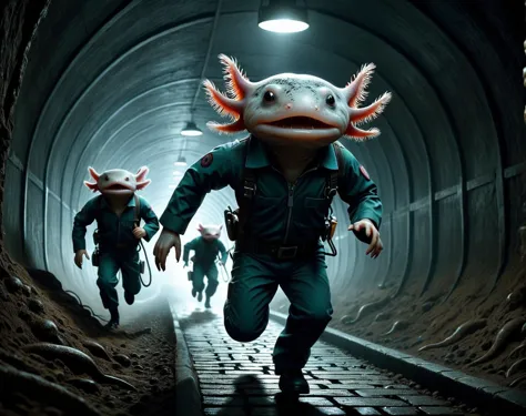 공포 테마의 4xolotl 겁에 질린 axolotl 과학자들, running down a 어두운 underground tunnel, 뒤에 무서운 괴물이 있어, ZIP2D, 기분 나쁜, 불안한, 어두운, 유령 같은, 긴장감 넘치는, 암울한, 매우 상세한