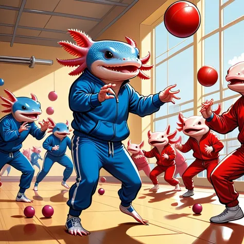 comic (from side:1.5) wide angle shot,  <lora:4xoltl:0.3> 4xolotl, many axoltols playing dodgeball,  axolotls  wearing blue jogging suit, throwing dodgeballs, on left, facing right BREAK
many axolotls  wearing red jogging suit, throwing dodgeballs, on right, facing left, Zip2D, graphic illustration, comic art, graphic novel art, vibrant, highly detailed