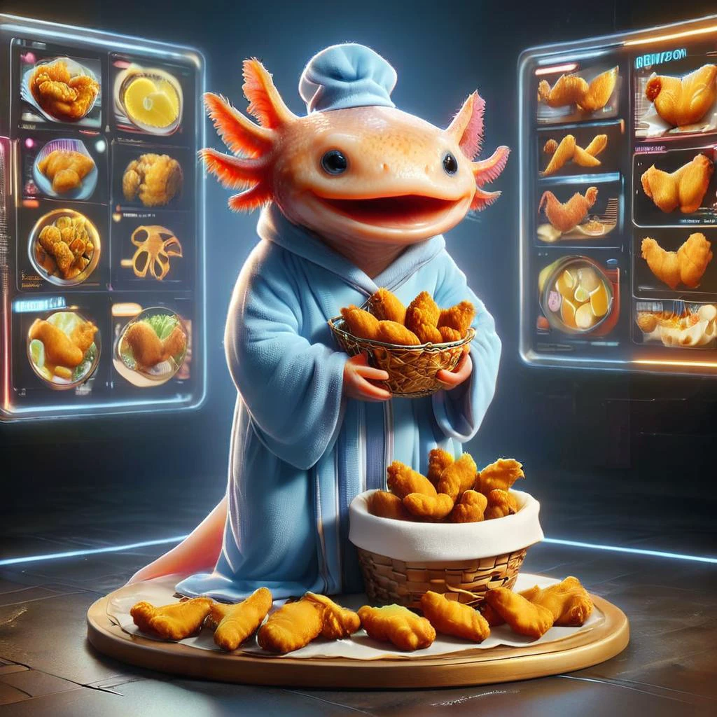 A display stand for4xolotl,  (axolotl wearing snuggie:1.3) with  basket of fried chicken,  with details  fried chicken,, EyeDetail-SDXL, fFaceDetail-SDXL, fHandDetail-SDXL, HairDetail-SDXL