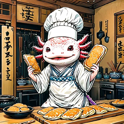 (style d'impression sur bois japonais traditionnel ukiyo-e:1.5) 2j, axomodel2,  Axolotl portant un chapeau de chef et un tablier dans une cuisine, retourner des crêpes