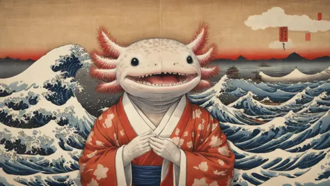 (impression ukiyo-e colorée de:1.5) 4 xolotls, axtolotl portant des vêtements traditionnels japonais, Sur un petit bateau, des vagues géantes dans la mer, EyeDetail-SDXL, fFaceDetail-SDXL, fHandDetail-SDXL, HairDetail-SDXL