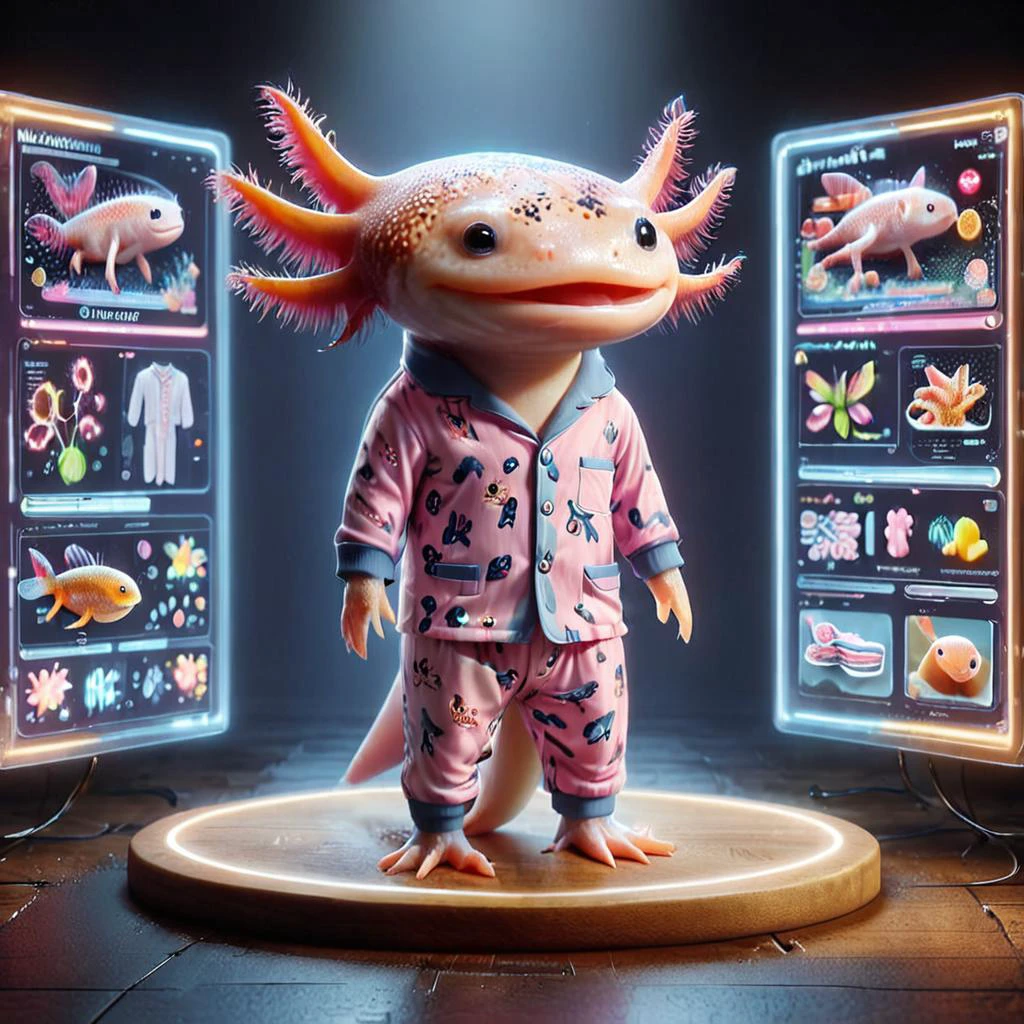 Un présentoir pour 4xolotl,  axolotl en pyjama,  with details of axolotl en pyjama, EyeDetail-SDXL, fFaceDetail-SDXL, fHandDetail-SDXL, HairDetail-SDXL