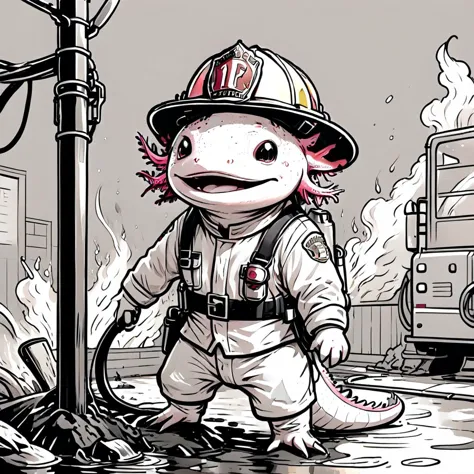 (Dibujo lineal de cómic en 2D:1.5)  Axolotl con uniforme de bombero en una estación de bomberos, tratando de deslizarse por un poste pero quedarse atascado