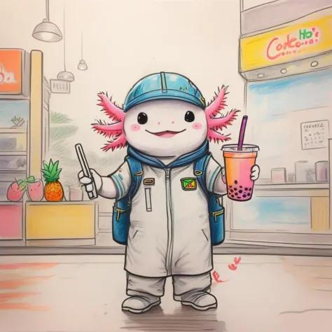 (dessin au crayon simple mal dessiné dessiné par un enfant:1.5) 2j, Axolotl portant une tenue d&#39;explorateur dans un magasin de thé boba buvant un thé fruité avec curiosité ,