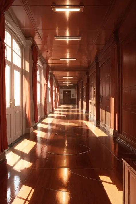 indoors, red theme, hallway, windows