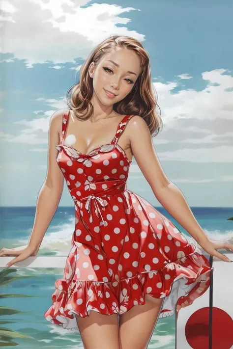 a painting of a woman in a red dress standing on a beach