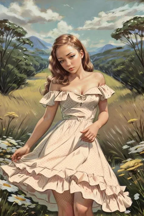 a painting of a woman in a dress standing in a field