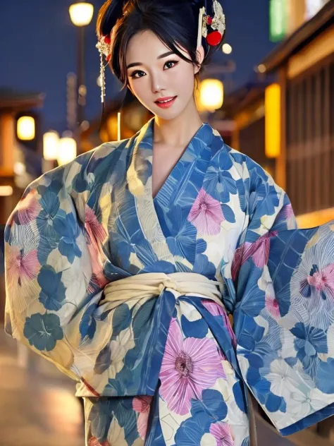 masterpiece, best quality, a perfect face, 1girl, high ponytail, wearing a yukata, at a city at night, close shot, cowboy shot, ...