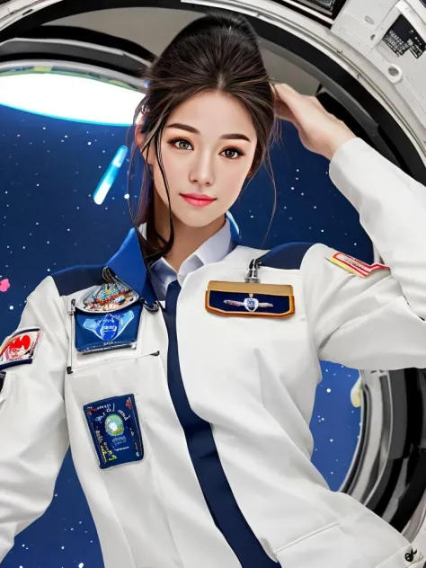 masterpiece, best quality, an exceptional face, 1girl, high ponytail, wearing a uniform, inside a space station, realistic, phot...