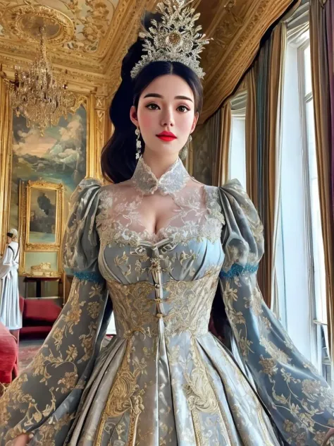 masterpiece, best quality, an exceptional face, 1girl, high ponytail, wearing a dress, inside a rococo style french palace room,...