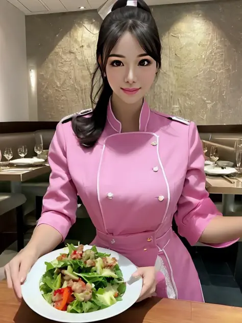 masterpiece, best quality, an exceptional face, 1girl, high ponytail, wearing a pink uniform, inside a restaurant, serving a pla...