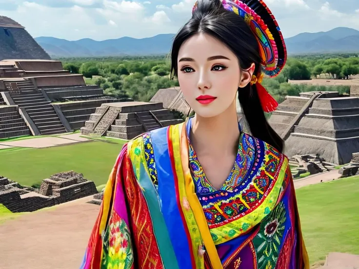 masterpiece, best quality, a perfect face, 1girl, high ponytail, black hair, wearing a sombrero and a colorful Huipil, at Teotihuacan, realistic, photorealisitc, close shot, 8k, taken by a nikon camera