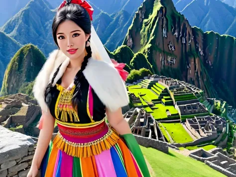 masterpiece, best quality, a perfect face, 1girl, high ponytail, black hair, wearing a colorful pollera, at machu picchu, realis...