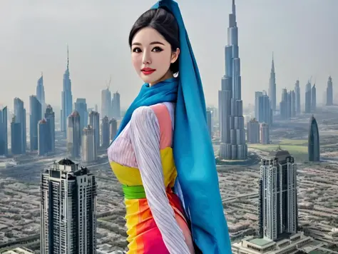 masterpiece, best quality, a perfect face, 1girl, high ponytail, black hair, wearing a colorful hijab dress, looking at viewer, ...