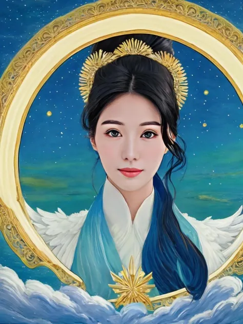 masterpiece, best quality, a perfect face, a kawaii face, 1girl, high ponytail, black hair, an angel with a golden halo and white wings, flying above the sky, sea of clouds underneath her, looking at viewer, close shot, 8k, gradient filter, film grain, in the style of van gogh, impasto oil painting