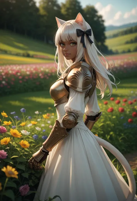 score_9, score_8_up, score_7_up, score_6_up, source_anime, masterpiece, newest,
1girl, solo, long hair, breasts, looking at viewer, bangs, dress, bow, animal ears, closed mouth, standing, tail, flower, white hair, hair bow, outdoors, sky, day, cat ears, dark skin, white dress, armor, blurry, from side, dark-skinned female, cat tail, black bow, depth of field, blurry background, shoulder armor, gauntlets, field, flower field
Depth of field