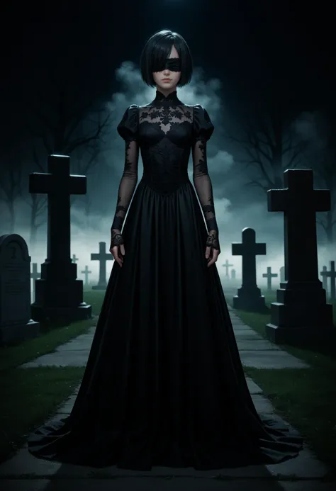 a woman in a black dress standing in a cemetery at night