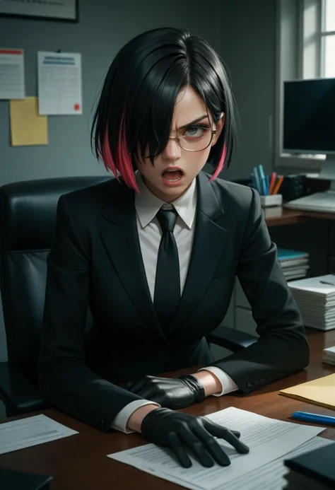 score_9, score_8_up, score_7_up, score_6_up, source_anime, masterpiece, newest,
1girl, solo, angry, black clothing, suit, tie, gloves, black hair, hair covering eye, bob haircut, partial fade, multicolored hair, glasses, open mouth, office, photocopier,
shiny skin,