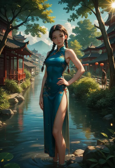 a woman in a blue dress standing in a river