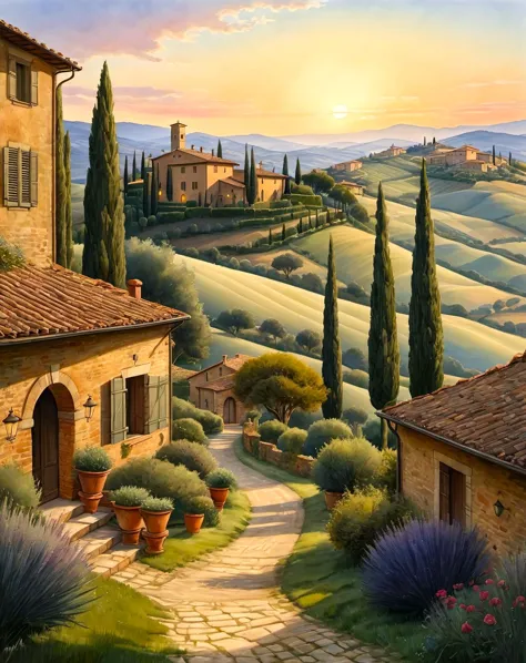 watercolor, twilight, tuscany, harmonious, sublime, serenity, Real-Time Ray Tracing, dunia engine, marie spartali stillman style