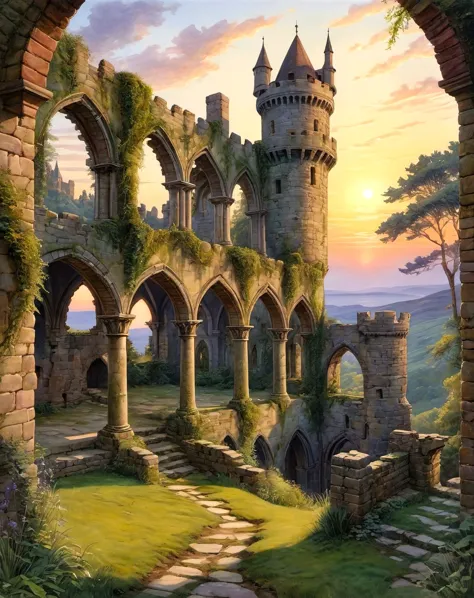 watercolor, twilight, old castle ruins, harmonious, sublime, serenity, Real-Time Ray Tracing, dunia engine, marie spartali stillman style