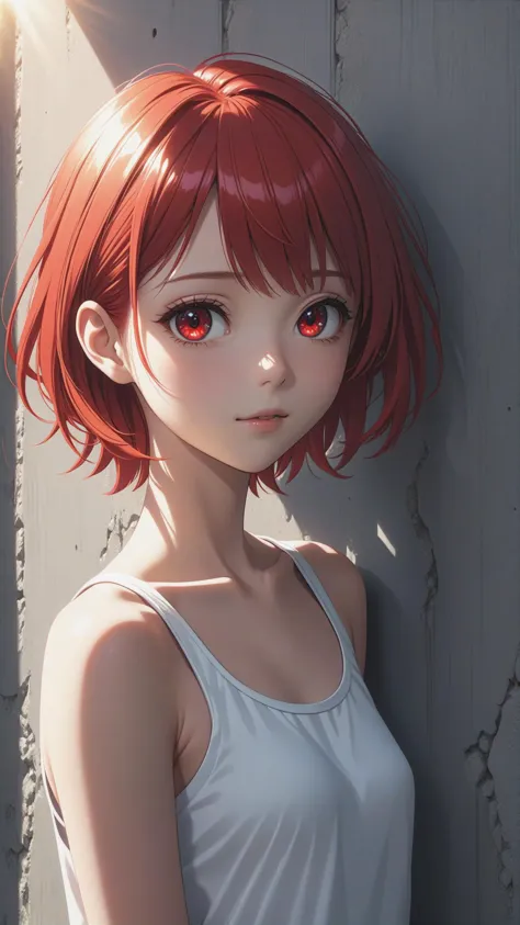 anime girl with red eyes and red hair leaning against a wall