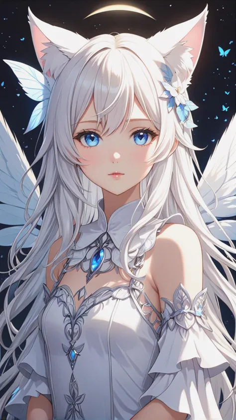 a young white girl in a fairy outfit with white cat ears and wings, 1girl, solo, long hair, blue eyes, wings, looking at viewer, animal ears, upper body, hair ornament, white hair, closed mouth,  looking at viewer, from the front,
(masterpiece, best quality, ultra-detailed, best shadow), detailed background, (beautiful detailed face), high contrast, (best illumination, an extremely delicate and beautiful), ((cinematic light)), hyper detail, dramatic light, intricate details, 8k, anime, very aesthetic,