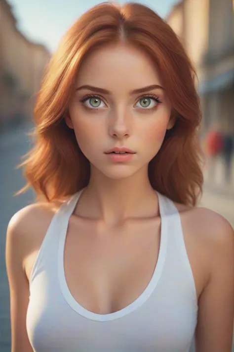 a woman with red hair and green eyes is posing for a picture