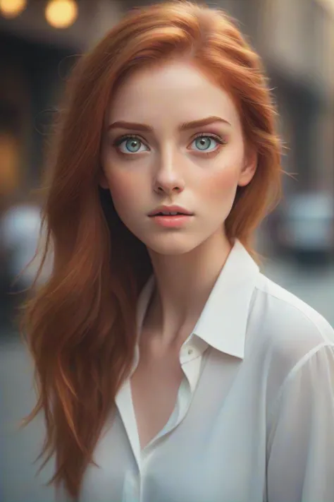 a woman with red hair and blue eyes is posing for a picture