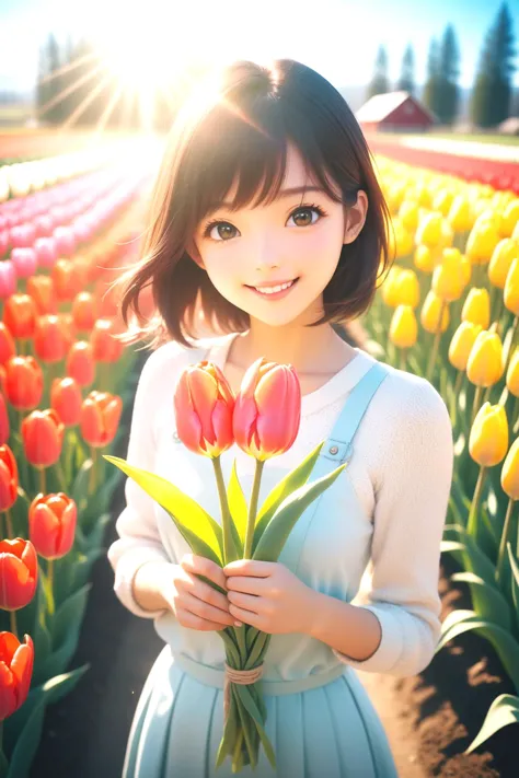 1 girl, smile , sunlight , lens flare reflection,lomography,  analog photography,  vibrant colors,  soft focus,  light leaks,  dreamy atmosphere,  experimental charm,  nostalgic appeal, looking into the viewer, tulips flower farm in bg, holding 1 tulip flower in right hand, perfect fingers,
(masterpiece:1.2), (best quality:1.2), newest, ai-generated, ultra-detailed, detailed background,  (best illumination, an extremely delicate and beautiful),  intricate details, 8k, anime, very aesthetic,