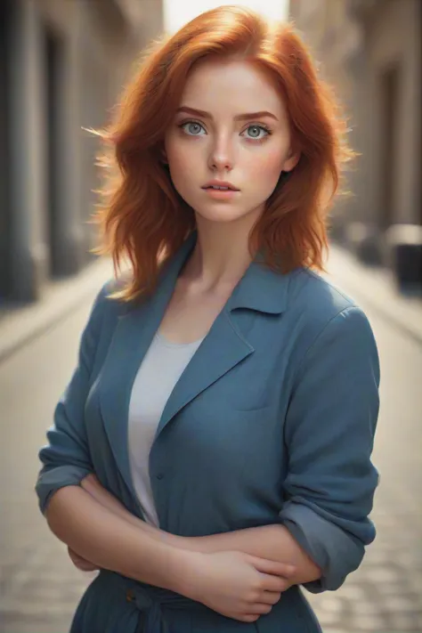 a woman with red hair and blue jacket posing for a picture