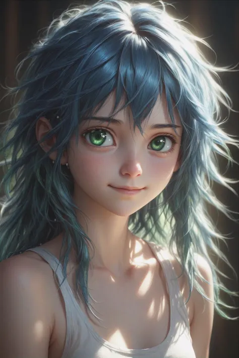 a woman with blue hair and green eyes is staring at the camera