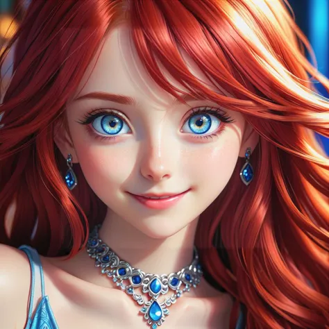 a close up of a woman with red hair wearing a necklace