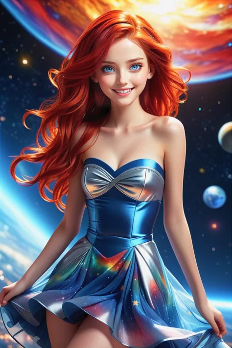 1 girl, most beautiful girl in the universe, perfect beautiful face, beautiful depp blue-silver eyes, extreme long fiery red hair, shy smile, slim body, small breasts, (colorful half-transparent dress, strapless, sleeveless), universe in background,
 (masterpiece:1.2), (best quality:1.2), newest, ai-generated, ultra-detailed, best shadow, detailed background, high contrast, (best illumination, an extremely delicate and beautiful), ((cinematic light)), hyper detail, dramatic light, intricate details, 8k, anime, very aesthetic,