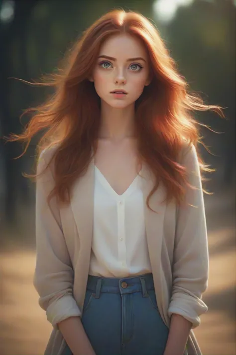 a woman with long red hair and a white shirt is posing for a picture