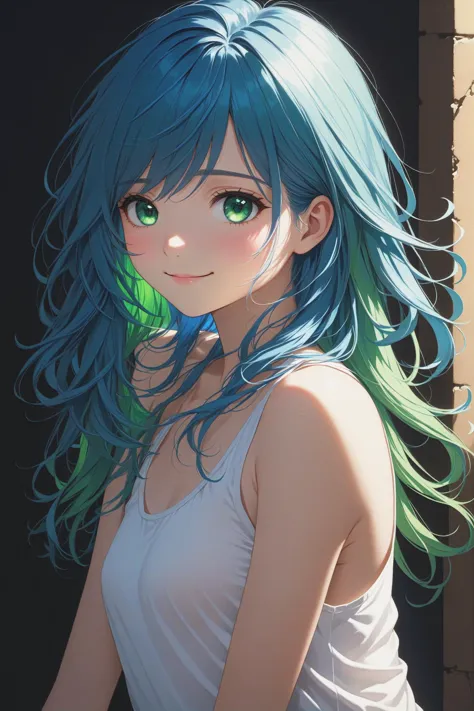 a close up of a woman with blue hair and green eyes