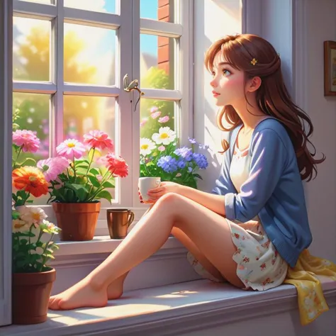 anime girl sitting on window sill looking out at flowers