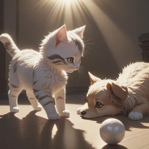 there are two cats and a dog playing with a ball