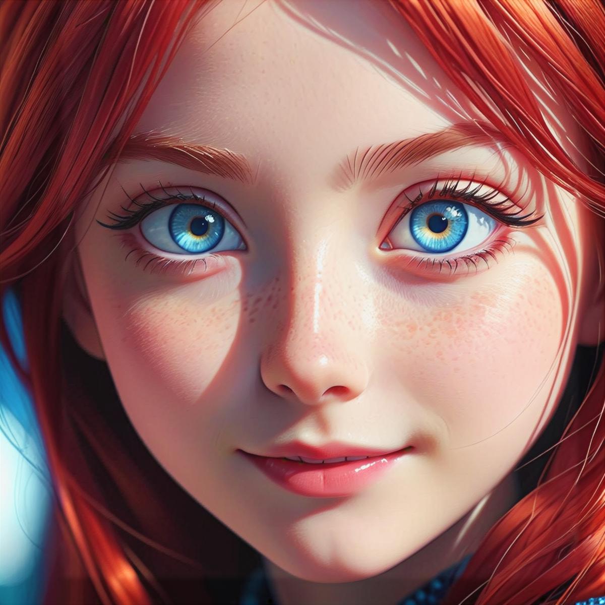 A close up of a woman with red hair and blue eyes - SeaArt AI