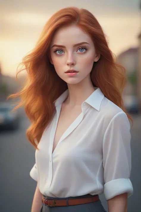 a woman with red hair and a white shirt is standing in the street