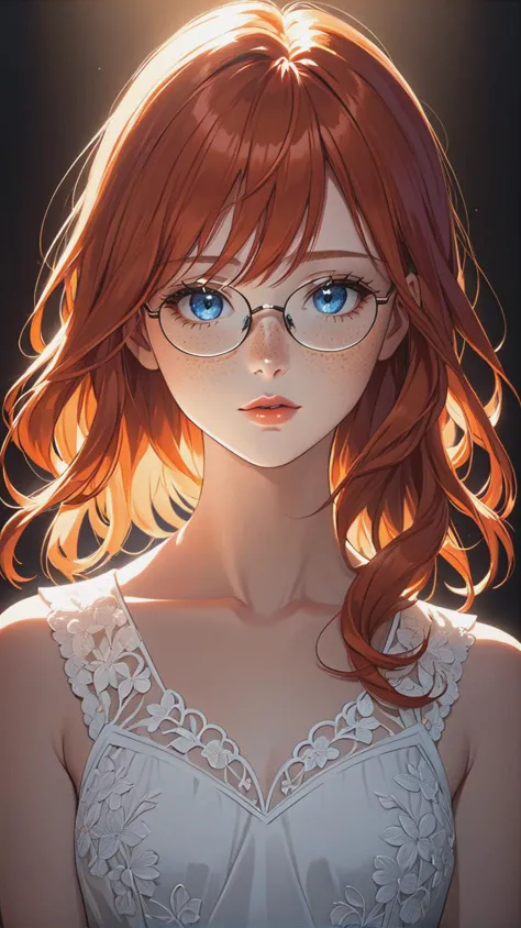 a young woman with red hair, small narrow glasses, wearing a white dress, freckles, looking at viewer, blue eyes, orange-red hair, parted lips, upper body
(masterpiece:1.2), (best quality:1.2), newest, ai-generated, ultra-detailed, best shadow, detailed background, high contrast, (best illumination, an extremely delicate and beautiful), ((cinematic light)), hyper detail, dramatic light, intricate details, 8k, anime, very aesthetic,