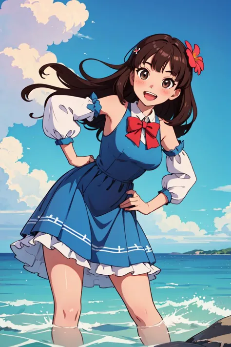 masterpiece,best quality,dramatic, 1girl, solo, long hair, brown hair, detached sleeves, open mouth, smile, outdoors, water, sky, day, hand on hip, hair ornament, pointing, cloud, ocean, dress, blush, blue dress, wading, blue sky, bow, standing, :d, frills, beach, bangs, barefoot, hair flower, skirt, ^_^, facing viewer, bowtie, teeth,scenery,