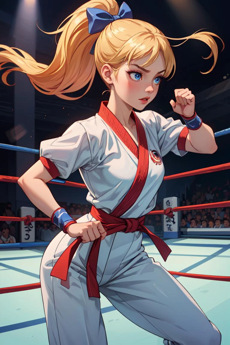 Obra maestra,CG de ultra alta calidad,mejor calidad,imagen perfecta,solo,Lidia Sobieska (tekken, pelo rubio con cola de caballo alta, blue eyes, arco, fuerte),postura de kárate,vistiendo un traje de karate sexy,en un estadio de pelea,profundidad de campo,fondo muy detallado,